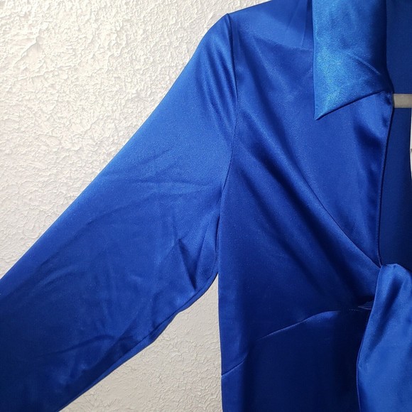 NWT Zara Sz M Satin Effect Blue Mini Dress Tie Front Long Sleeve Collared Deep V - Picture 7 of 15